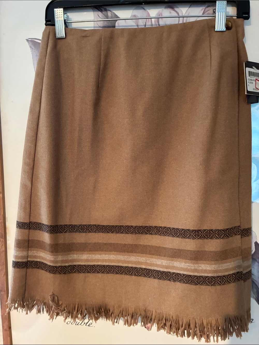 Camel Fringe-Hem Midi Skirt with Border Stripes